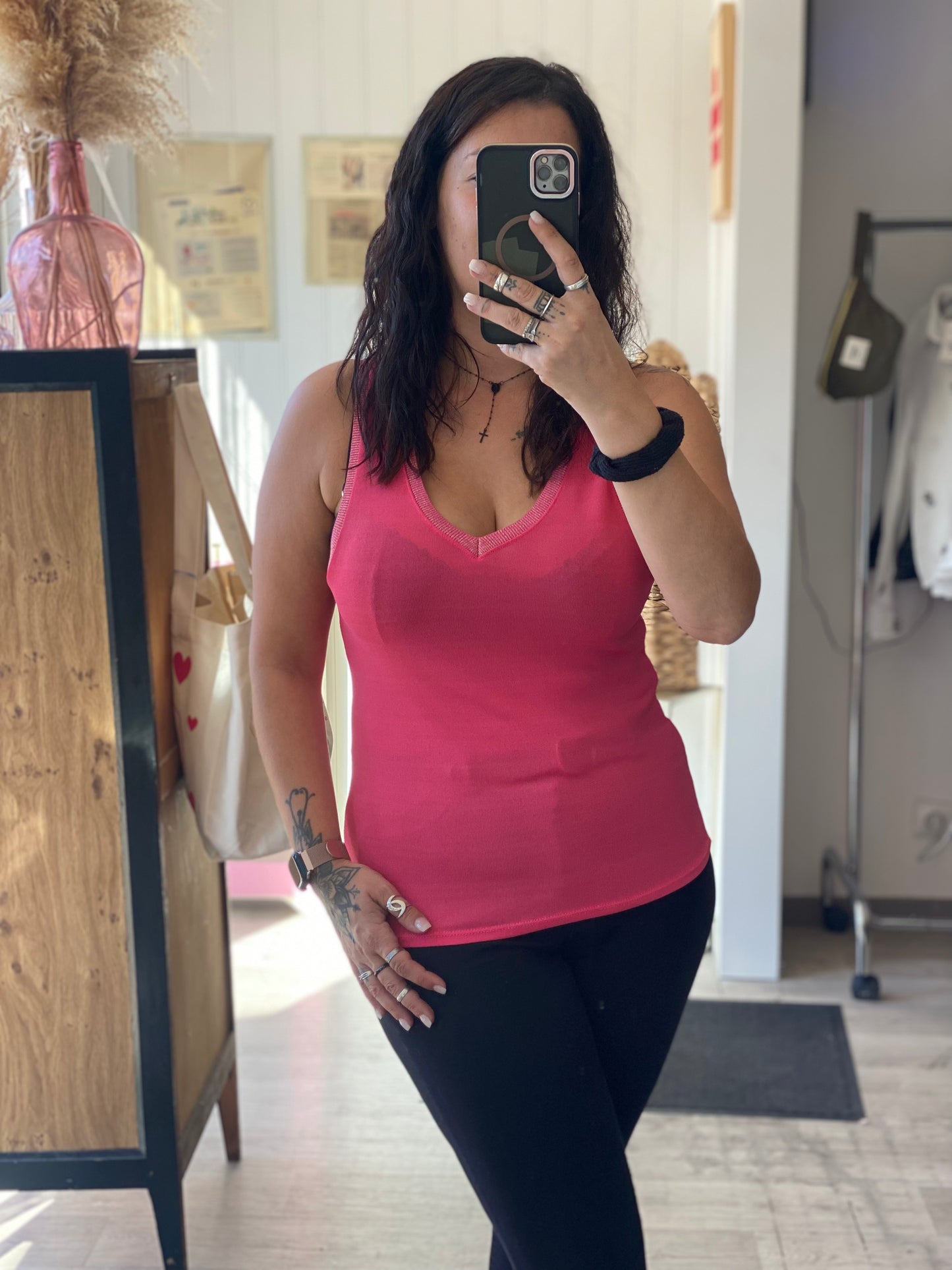 Débardeur rose pailleté à bretelles – Taille unique 34 à 40