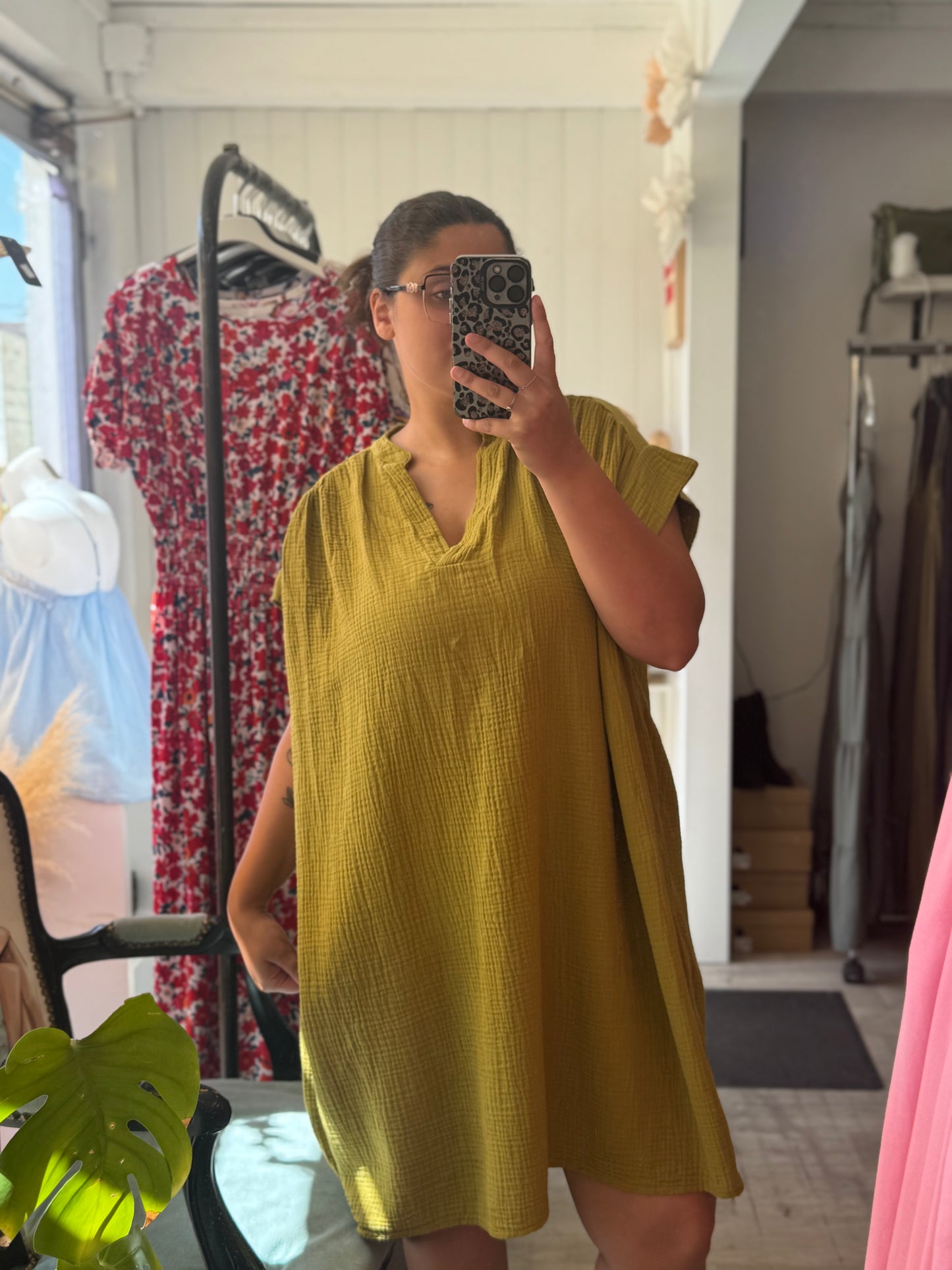 Robe courte gaze de coton vert olive - Taille unique 36-48