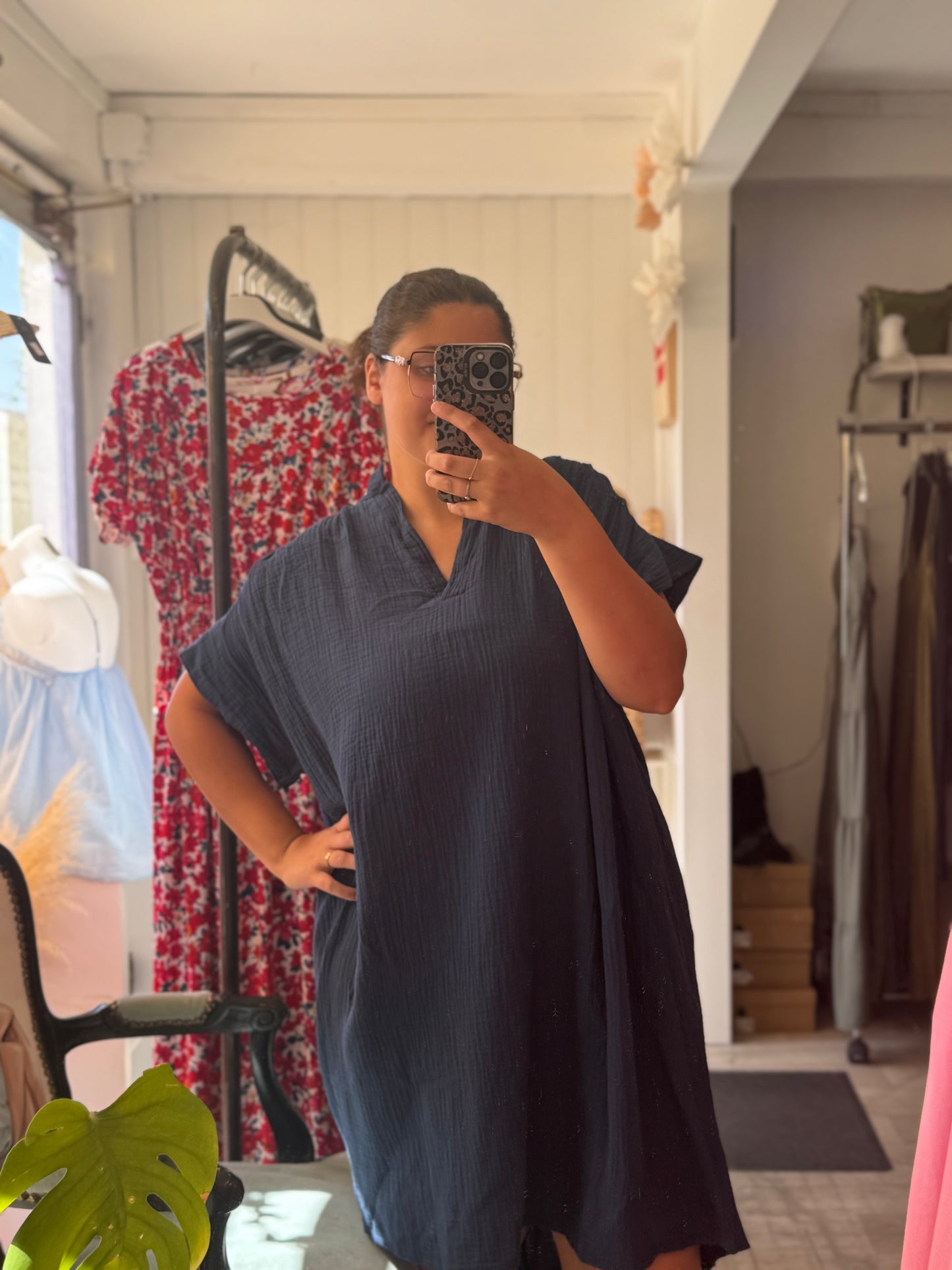 Robe courte gaze de coton bleu marine - Taille unique 36-48