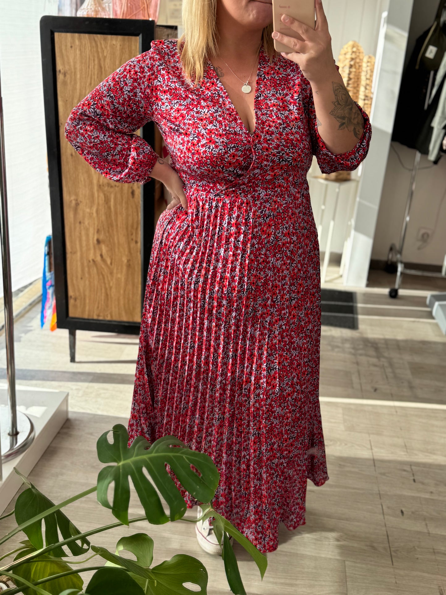 Robe longue rouge à motif coquelicot – Du S au L