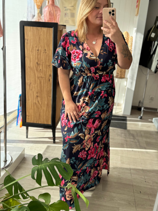 Robe longue bleu marine à manches courtes fleurs roses et bleues - Taille S/M et M/L