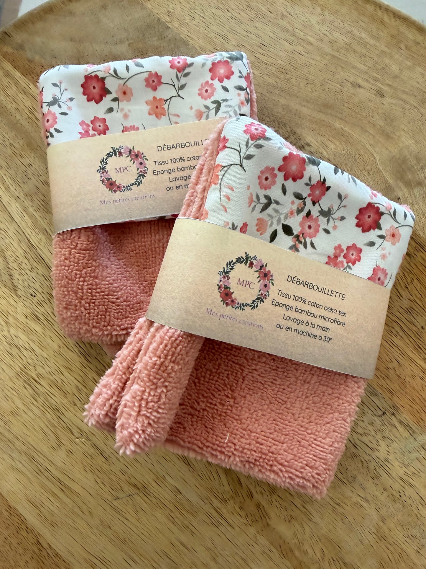 Lot de 2 débarbouillettes coton & éponge bambou fait main – 13×9 cm