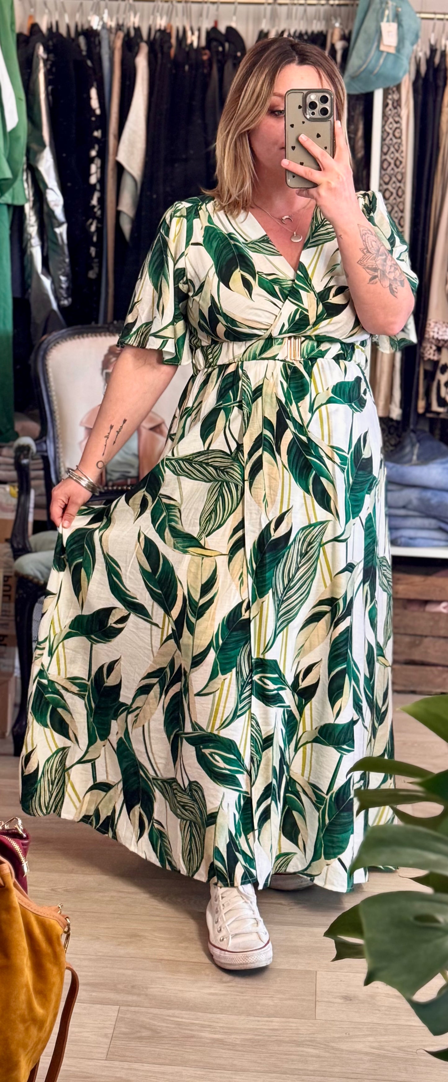 robe longue écru imprimé feuille verte