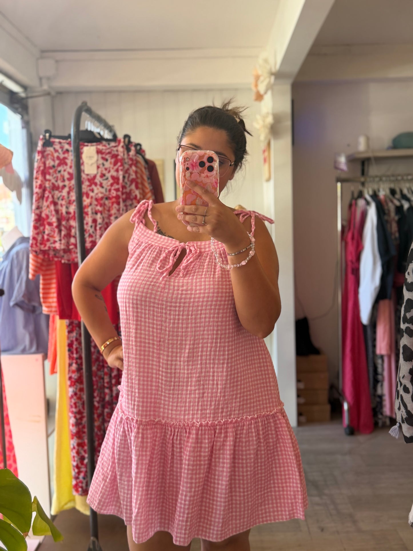 Robe courte vichy en gaze de coton - Taille unique 36-44/46 (2 couleurs)
