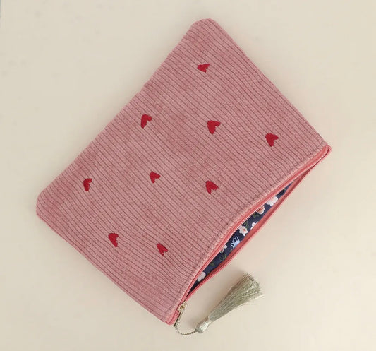 Trousse petits coeurs velours côtelé - 20 x 14 cm (4 couleurs)