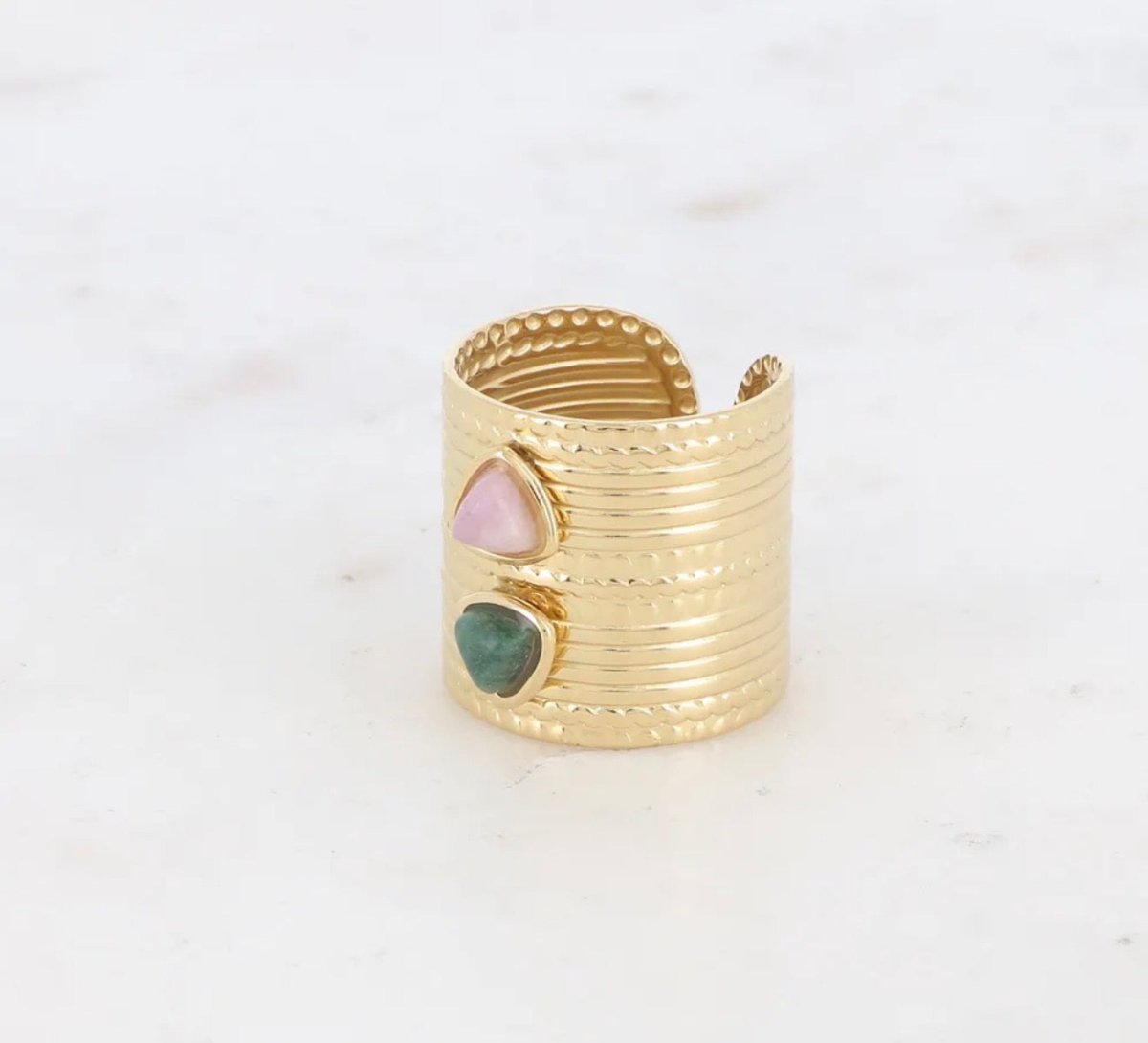 Bague large en acier inoxydable & pierres naturelles rose et verte - C MON DRESSING
