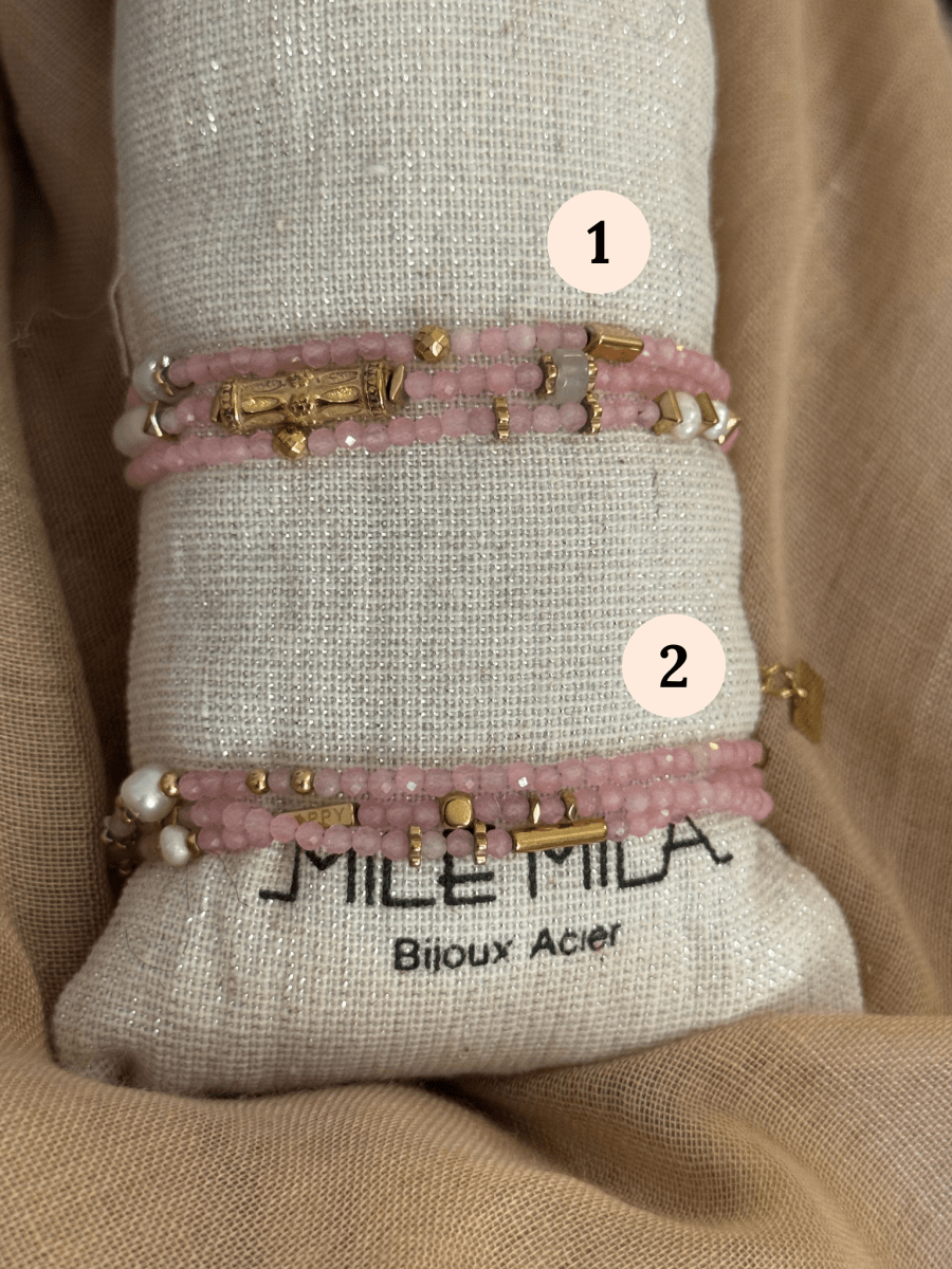 Bracelet multi - rangs en acier inoxydable – Perles roses, style élégant et tendance - C MON DRESSING