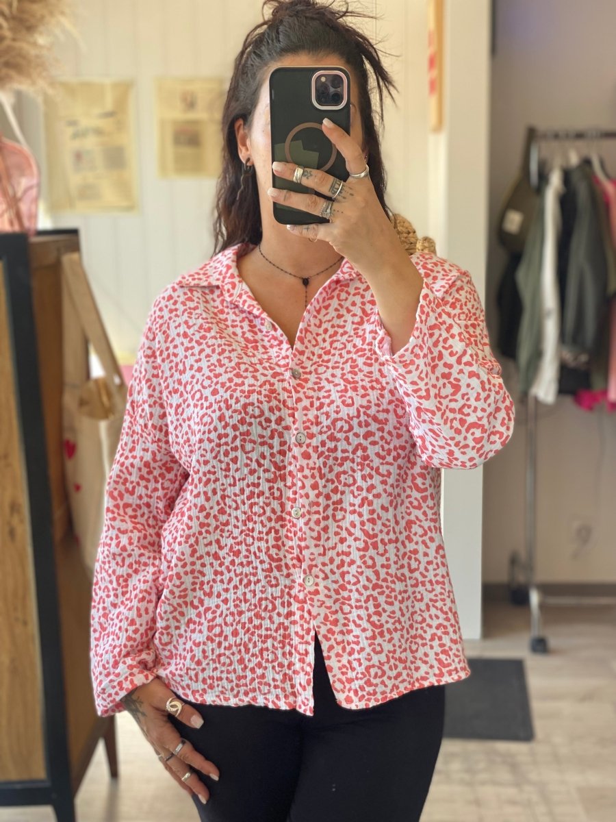 Chemise en gaze de coton – Blanc et rose léopard, taille unique 34/42 - C MON DRESSING