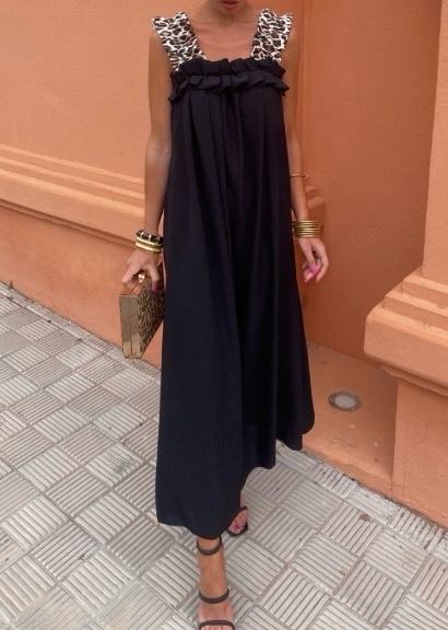 Robe longue Noir et bretelles léopard