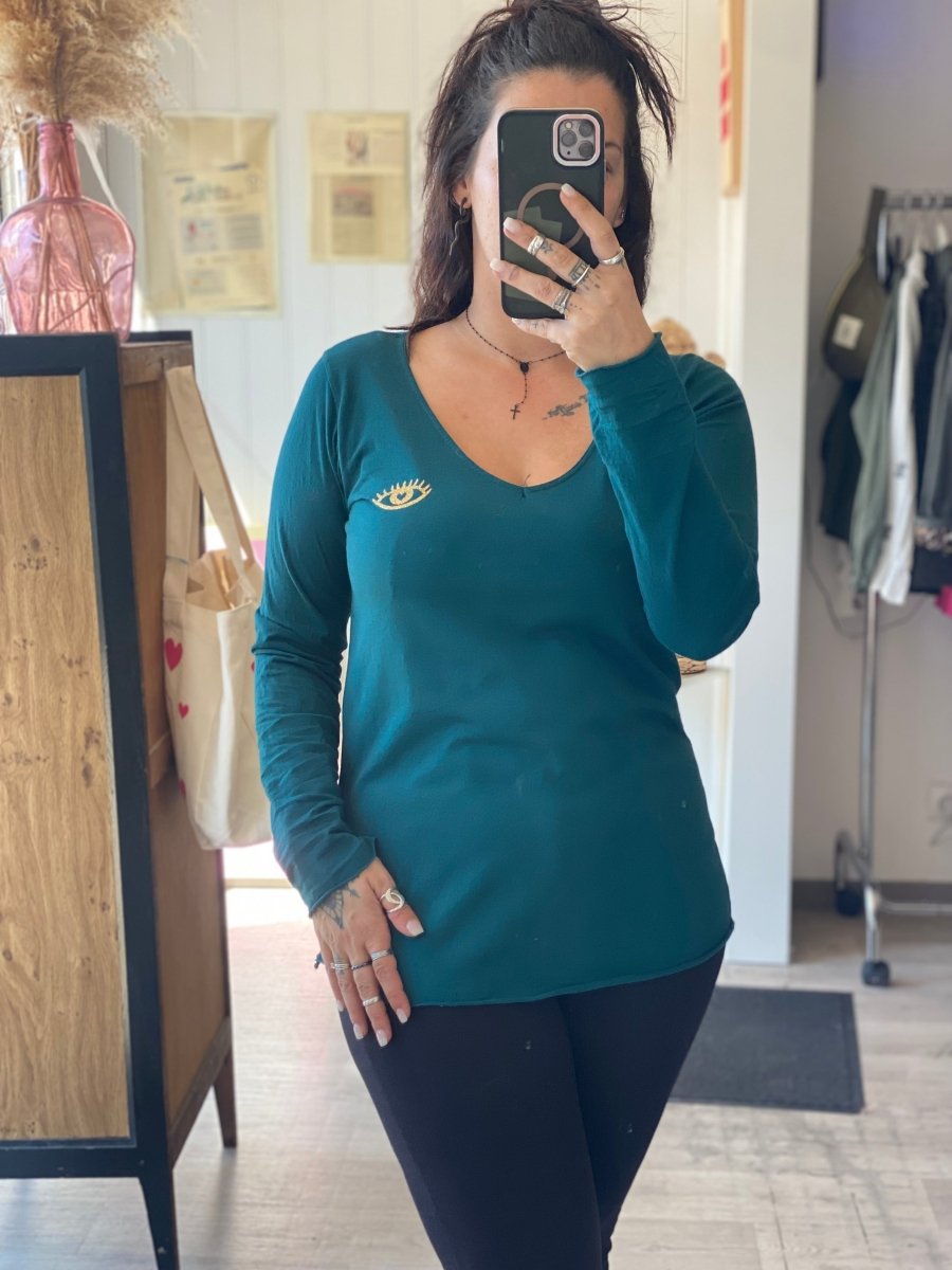 Tee - shirt manches longues vert – Dessin œil, taille unique 34/42 - C MON DRESSING