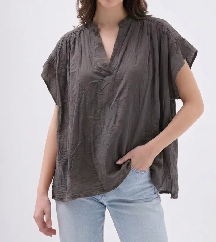 Blouse ample manches courtes col Mao chocolat - Taille Unique 36-48
