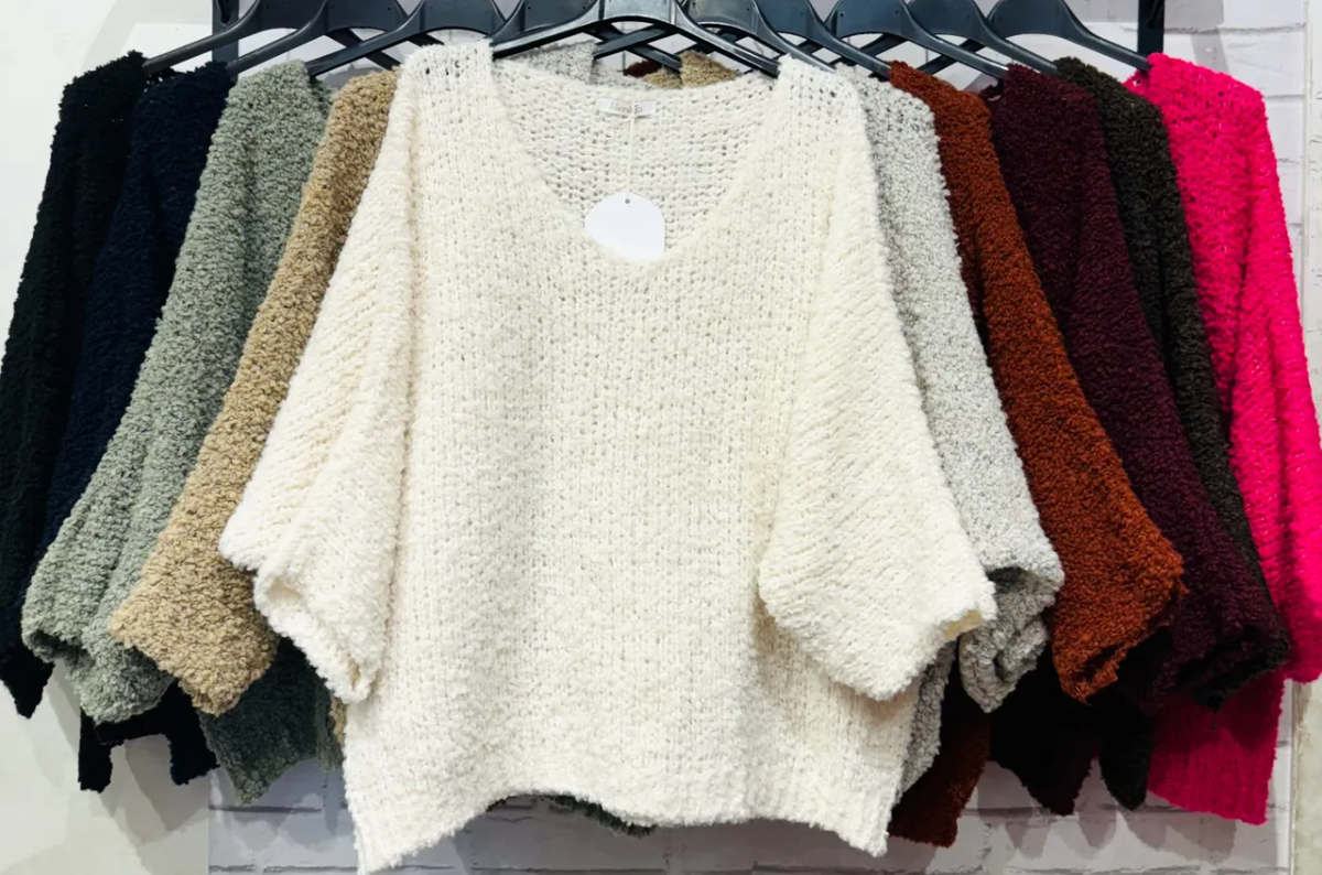 Pull manches 3/4 en bouclette oversize - Taille unique 36 au 46 (3 couleurs)