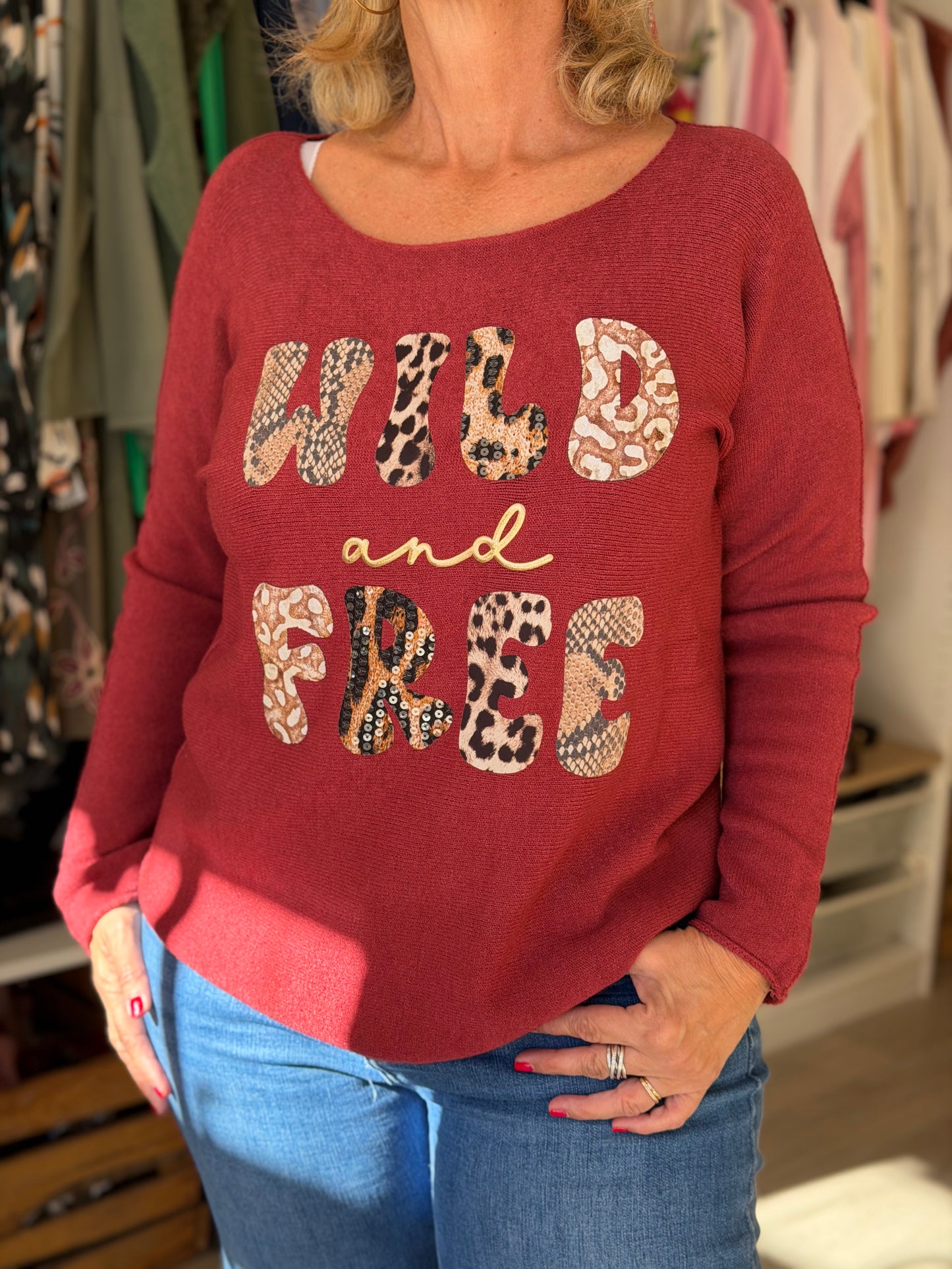 Pull écriture léopard bordeaux - Taille unique 36-46