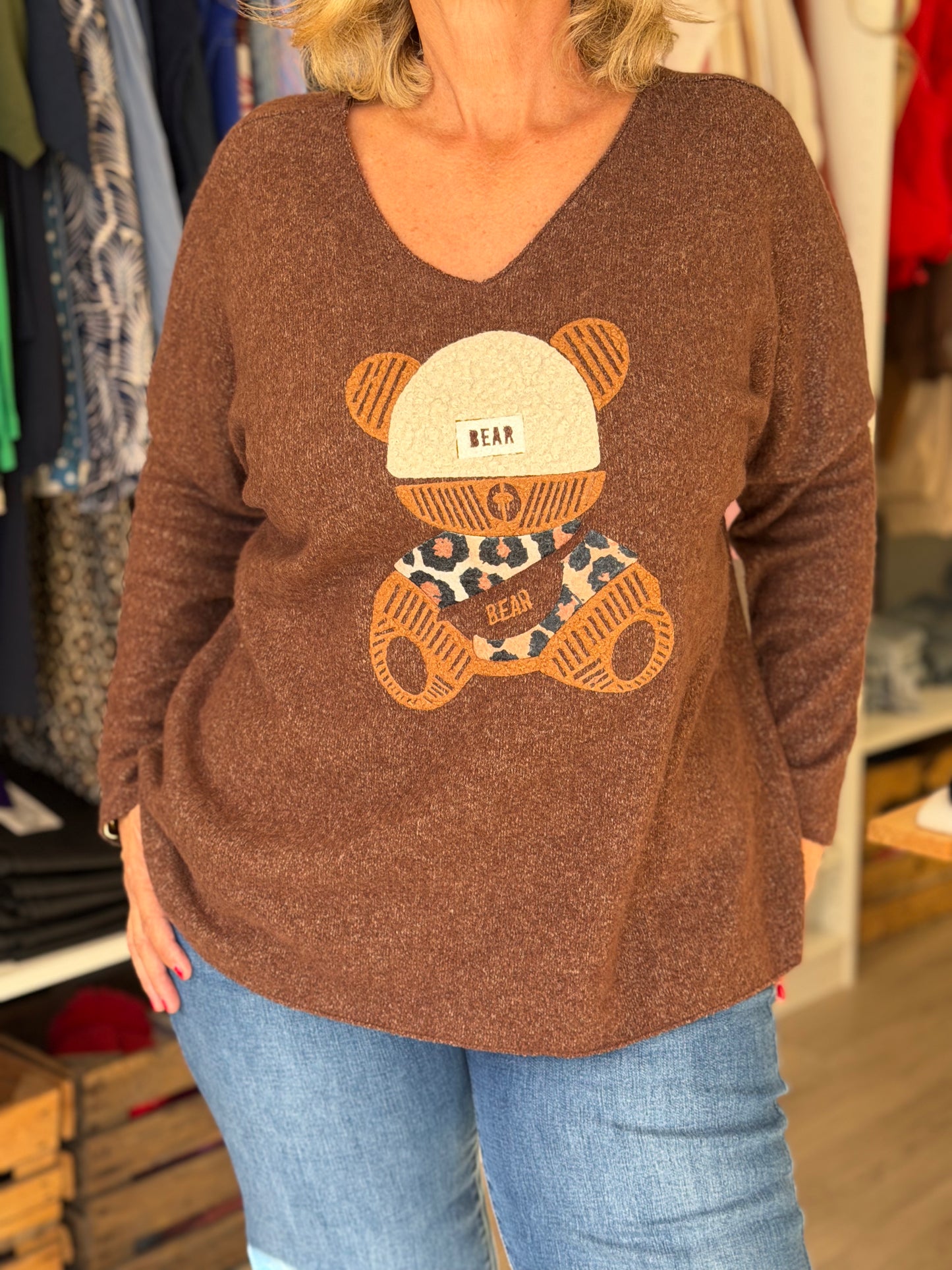 Pull marron avec ours - Taille unique 36 au 46