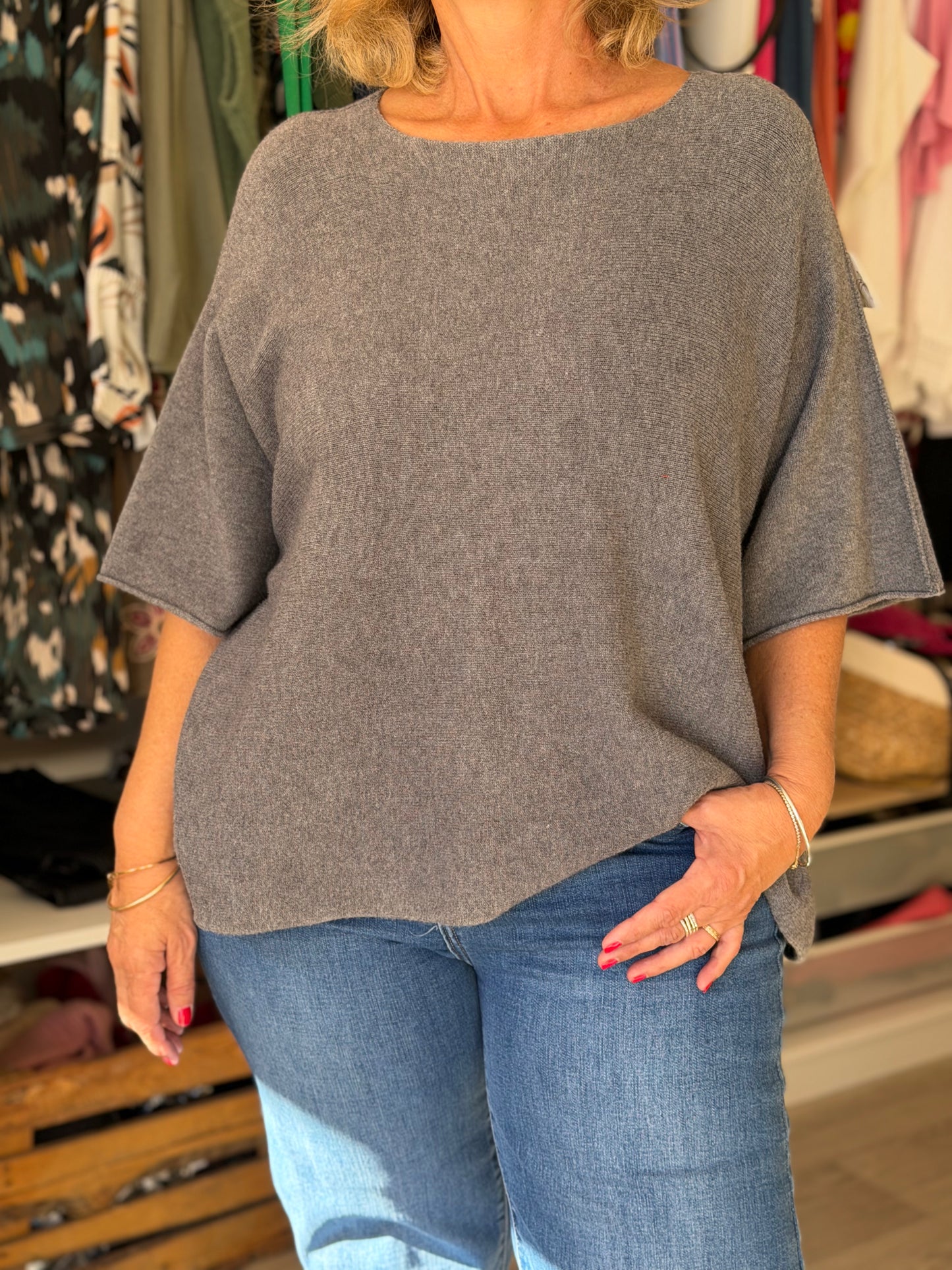 Pull gris à manches 3/4 – Taille unique 36 au 46
