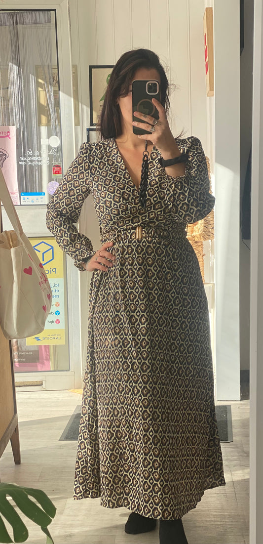 Robe longue bleu et marron motif géométrique – Taille S/M M/L