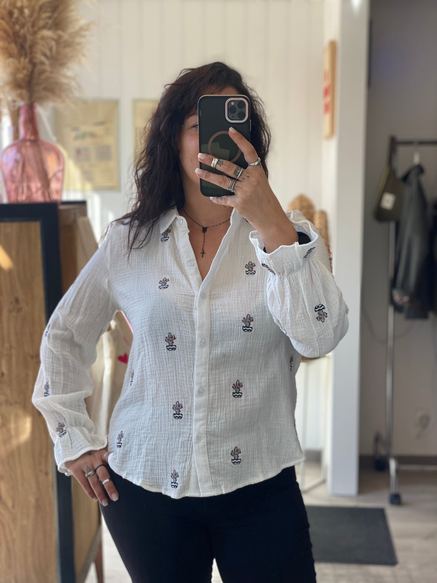 Chemise motif cactus en gaze de coton – Manches longues, style décontracté