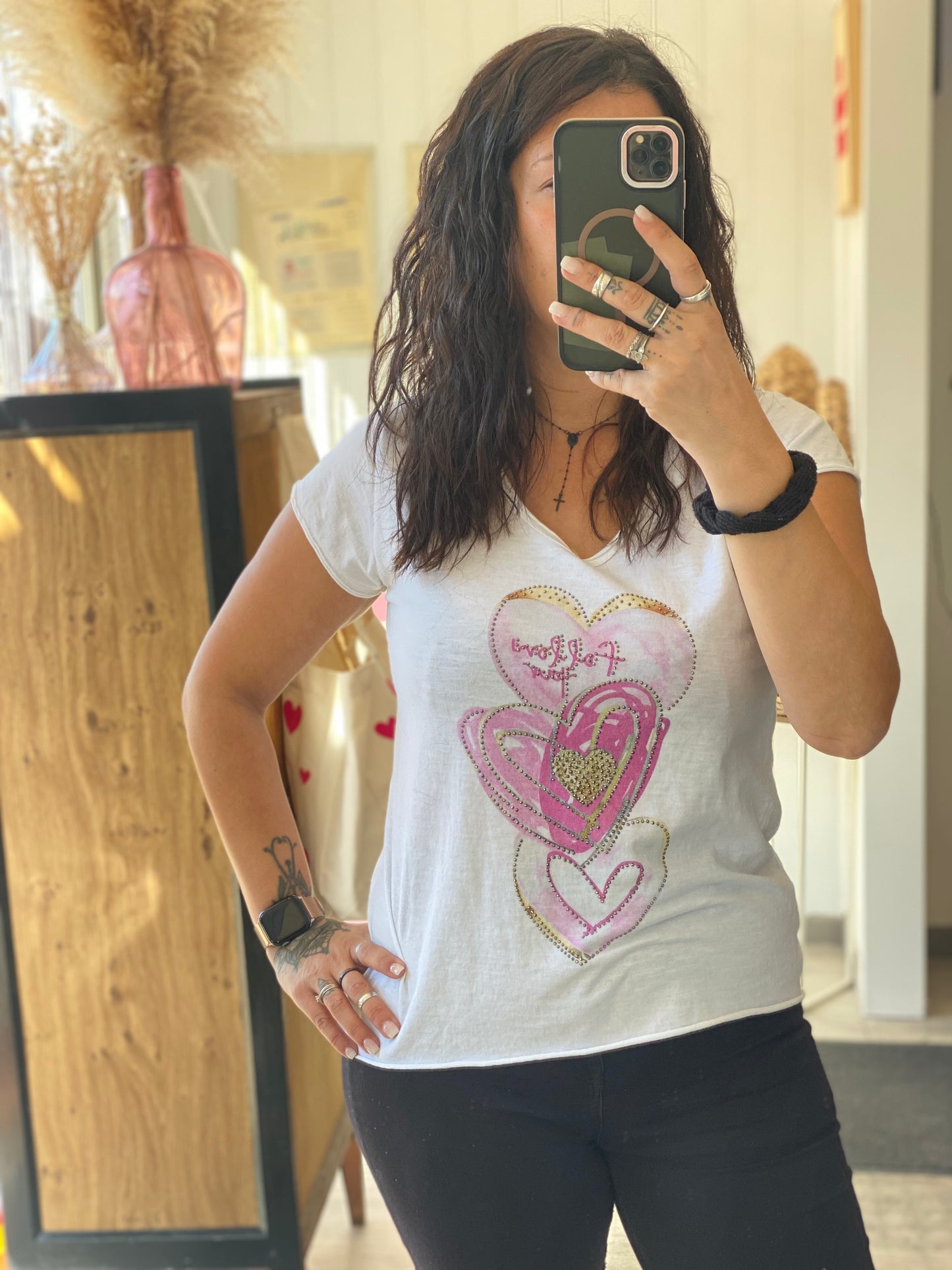 T-shirt blanc avec cœur rose – Taille unique 34 à 42