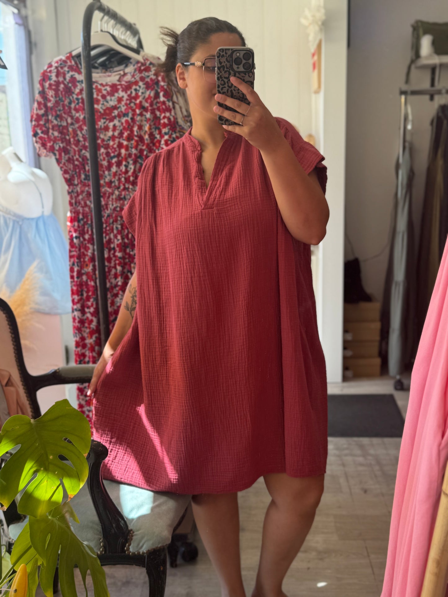 Robe courte gaze de coton vieux rose - Taille unique 36-48