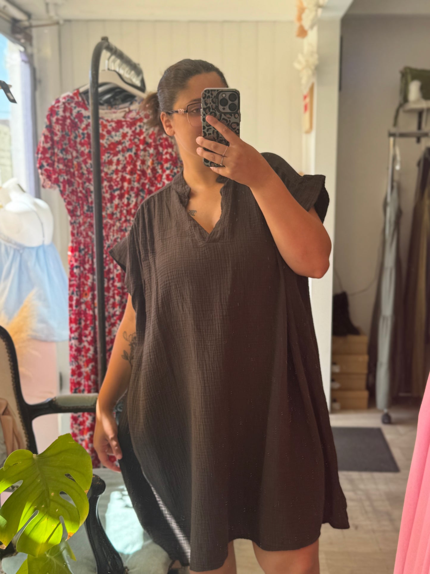Robe courte gaze de coton chocolat - Taille unique 36-48