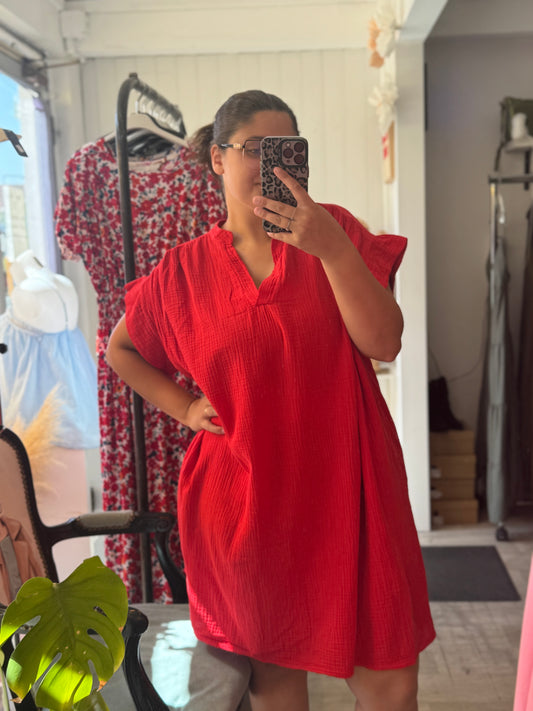 Robe courte gaze de coton rouge - Taille unique 36-48