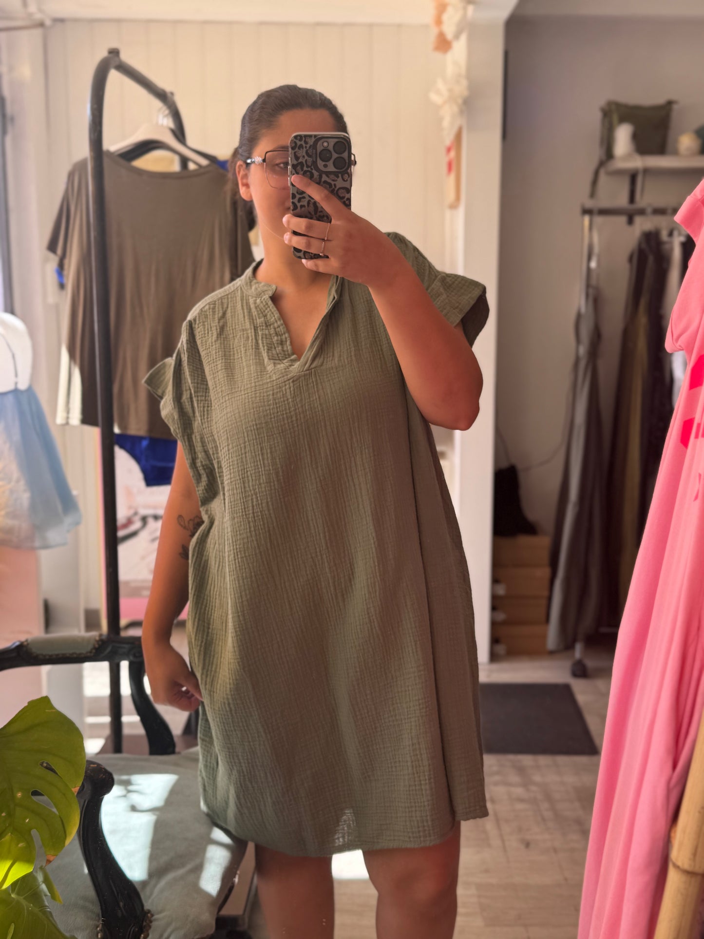 Robe en gaze de coton kaki - Taille unique 36-46