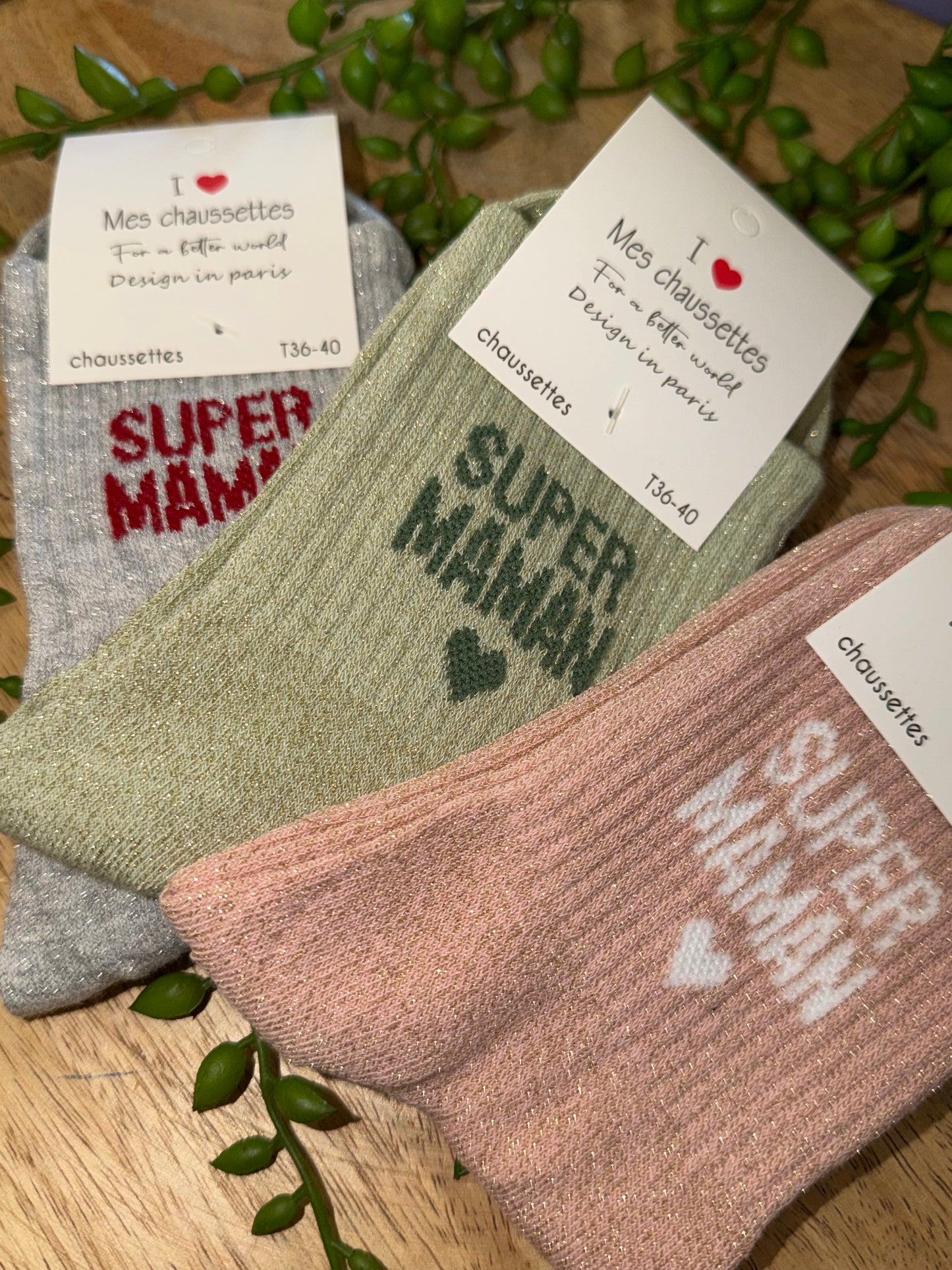 Chaussettes à paillettes "Super Maman ❤️" - TU 36/40 (3 couleurs)