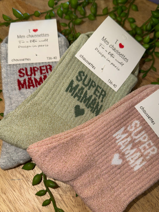 Chaussettes à paillettes "Super Maman ❤️" - TU 36/40 (3 couleurs)