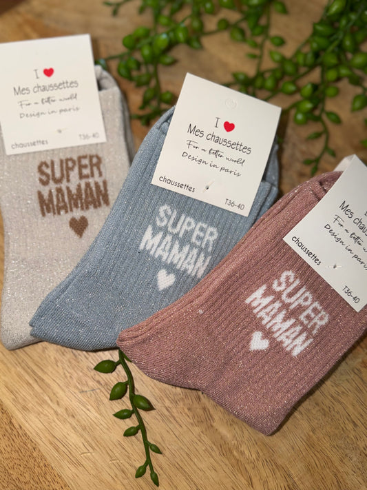 Chaussettes à paillettes "Super Maman ❤️" - TU 36/40 (3 couleurs)