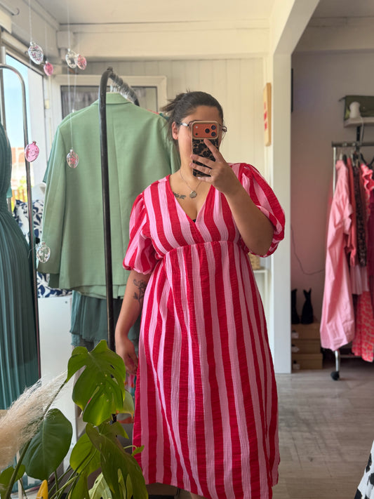 Robe en gaze de coton rayé rouge - Taille unique 36-44