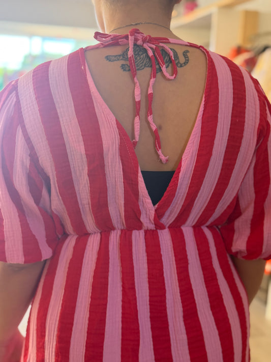 Robe en gaze de coton rayé rouge - Taille unique 36-44