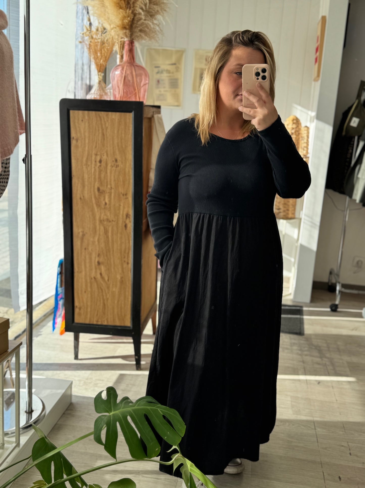 Robe longue noire bi-matière – Taille unique 34-46
