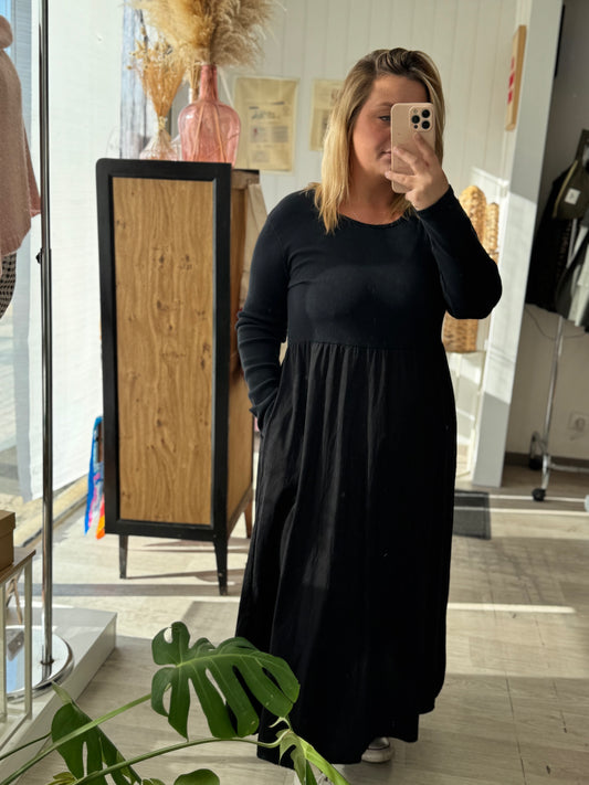 Robe longue noire bi-matière – Taille unique 34-46