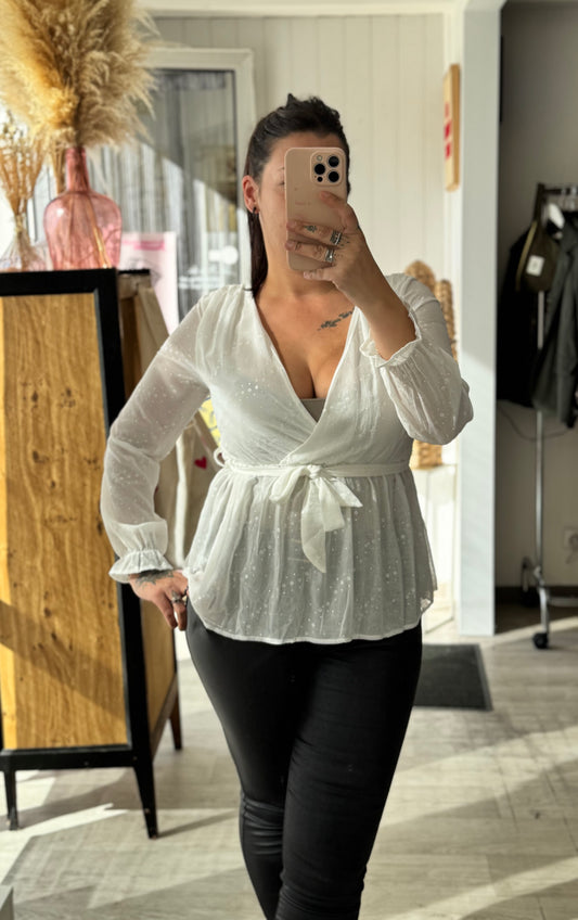 Haut blanc manches longues à sequins – Tailles S/M et M/L