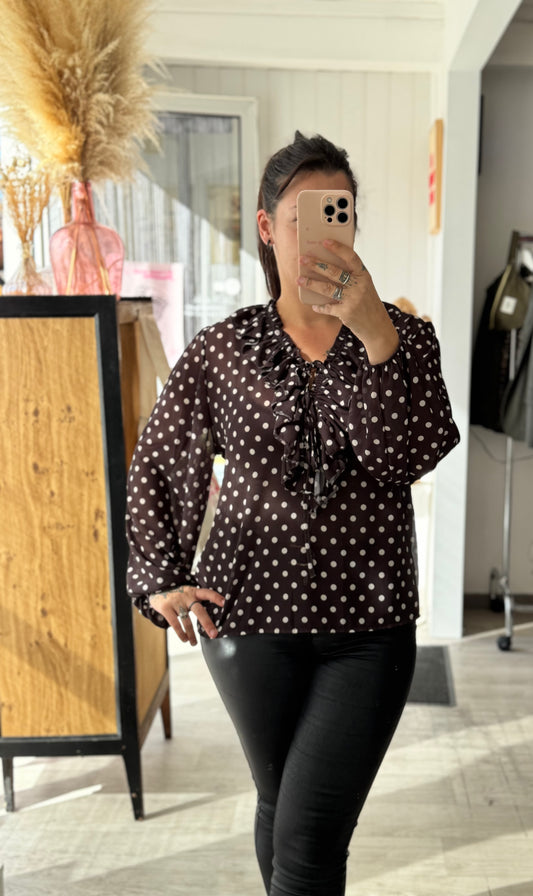 Blouse à pois marron – Taille unique 34-42