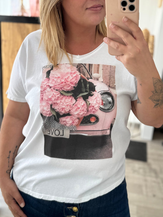 T-shirt blanc imprimé voiture et fleurs pour femme grande taille