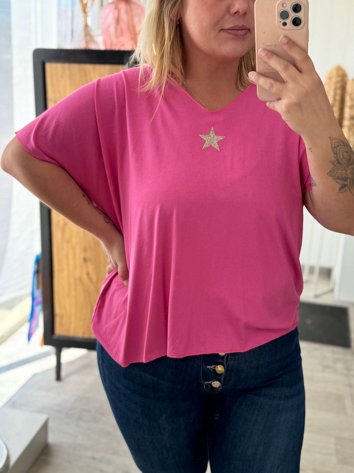 T-shirt femme rose avec étoile dorée – Taille unique 34-46