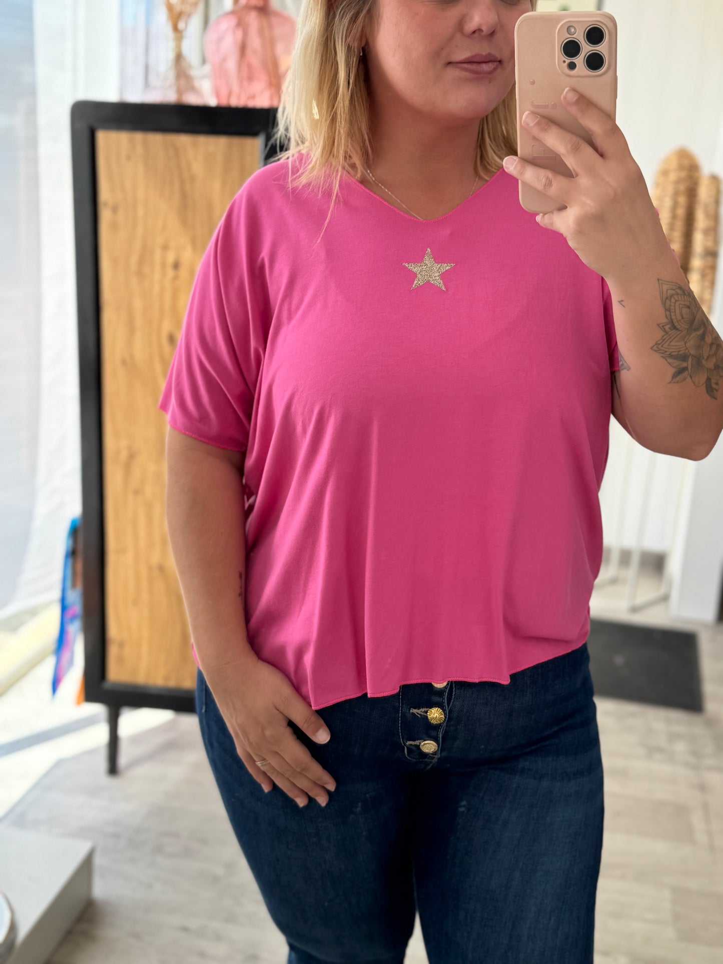 T-shirt femme rose avec étoile dorée – Taille unique 34-46
