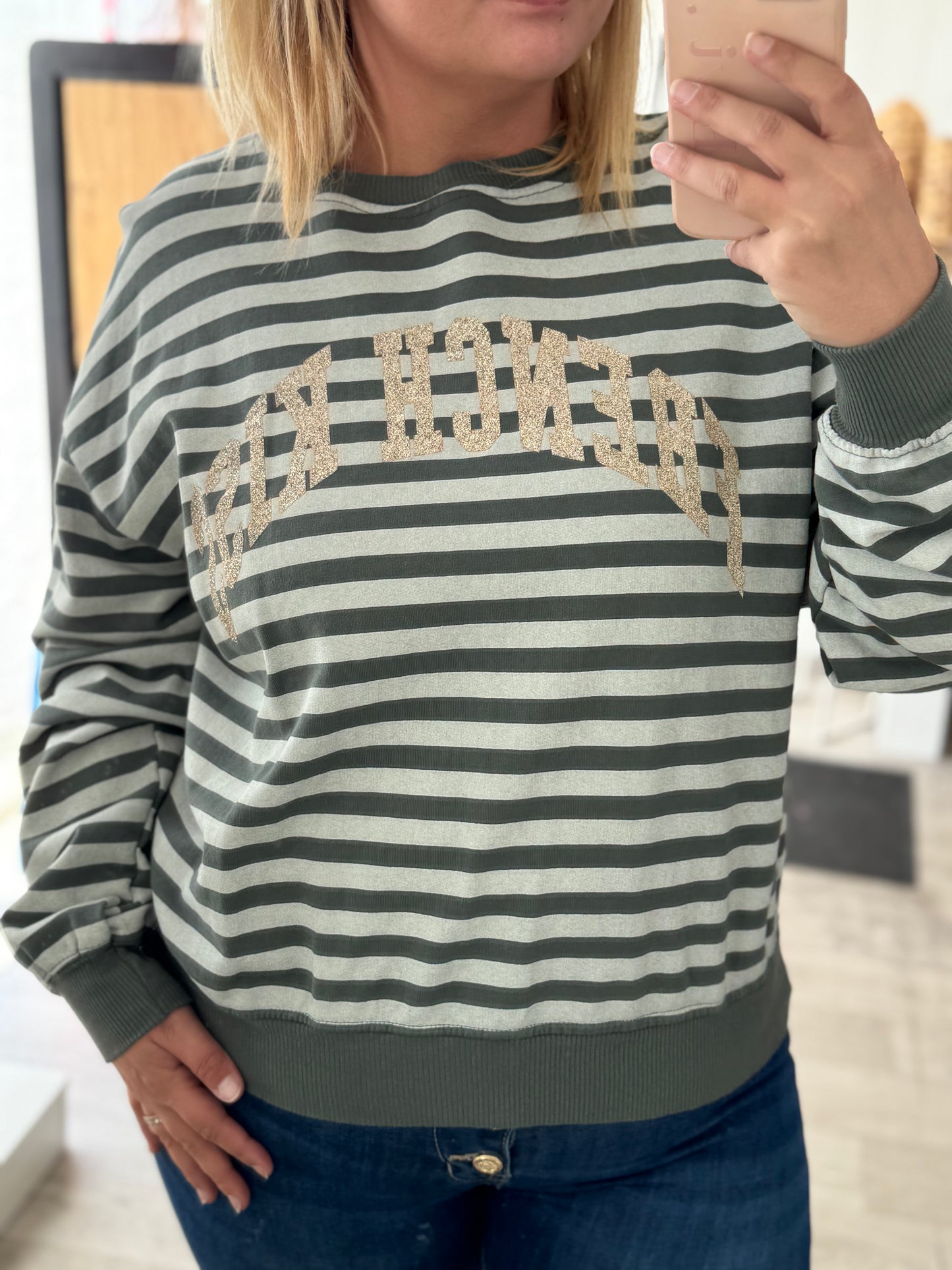 Sweat femme rayé vert kaki avec écriture dorée – Taille unique 34-44