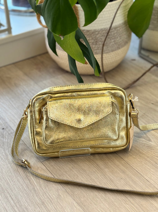 Sac à main doré en cuir – Bandoulière réglable et poche avant