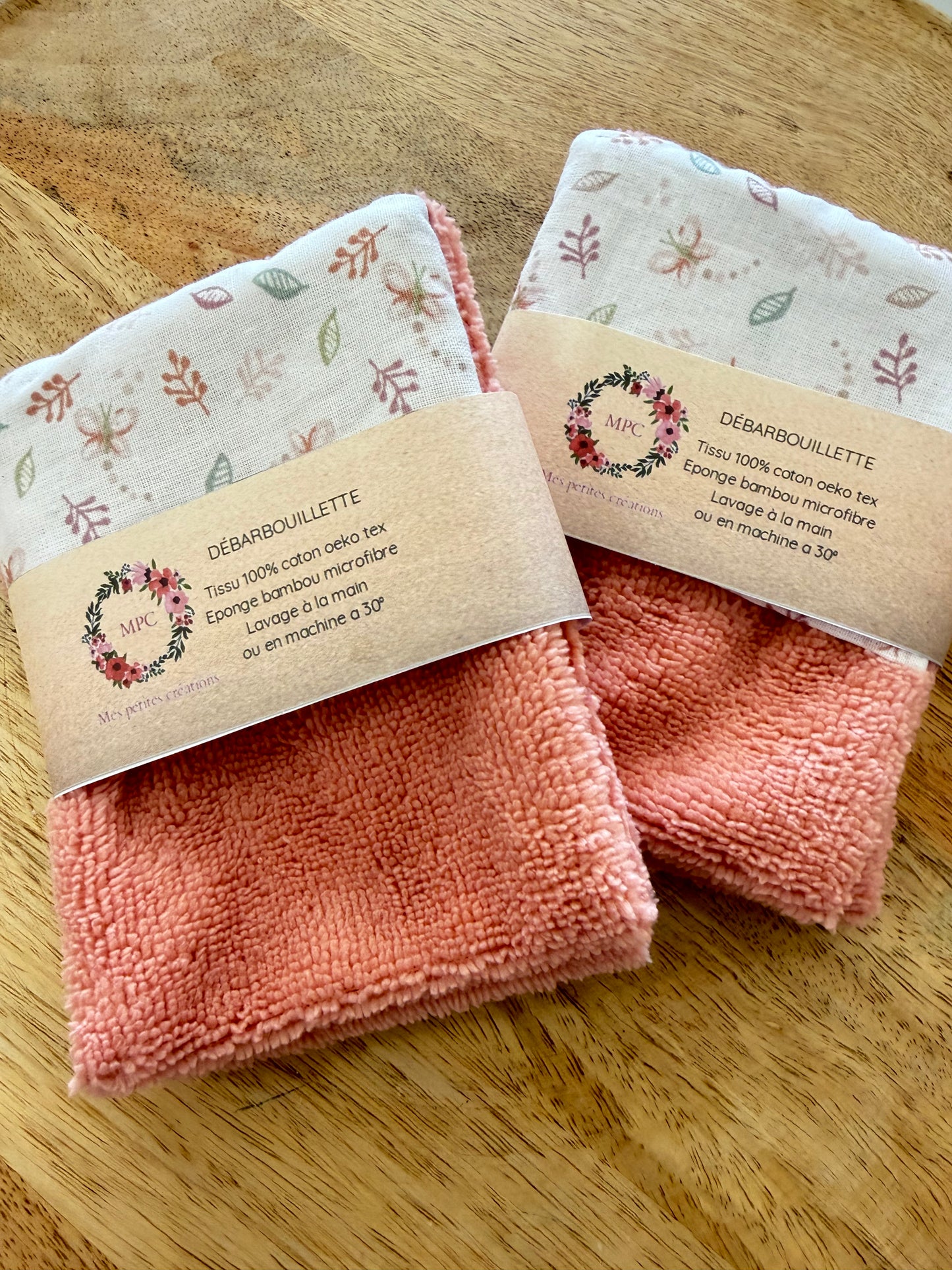 Lot de 2 débarbouillettes coton & éponge bambou fait main – 13×9 cm