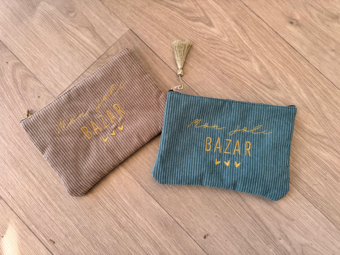 Grande pochette effet velours "mon jolie bazar" (2 modèles)