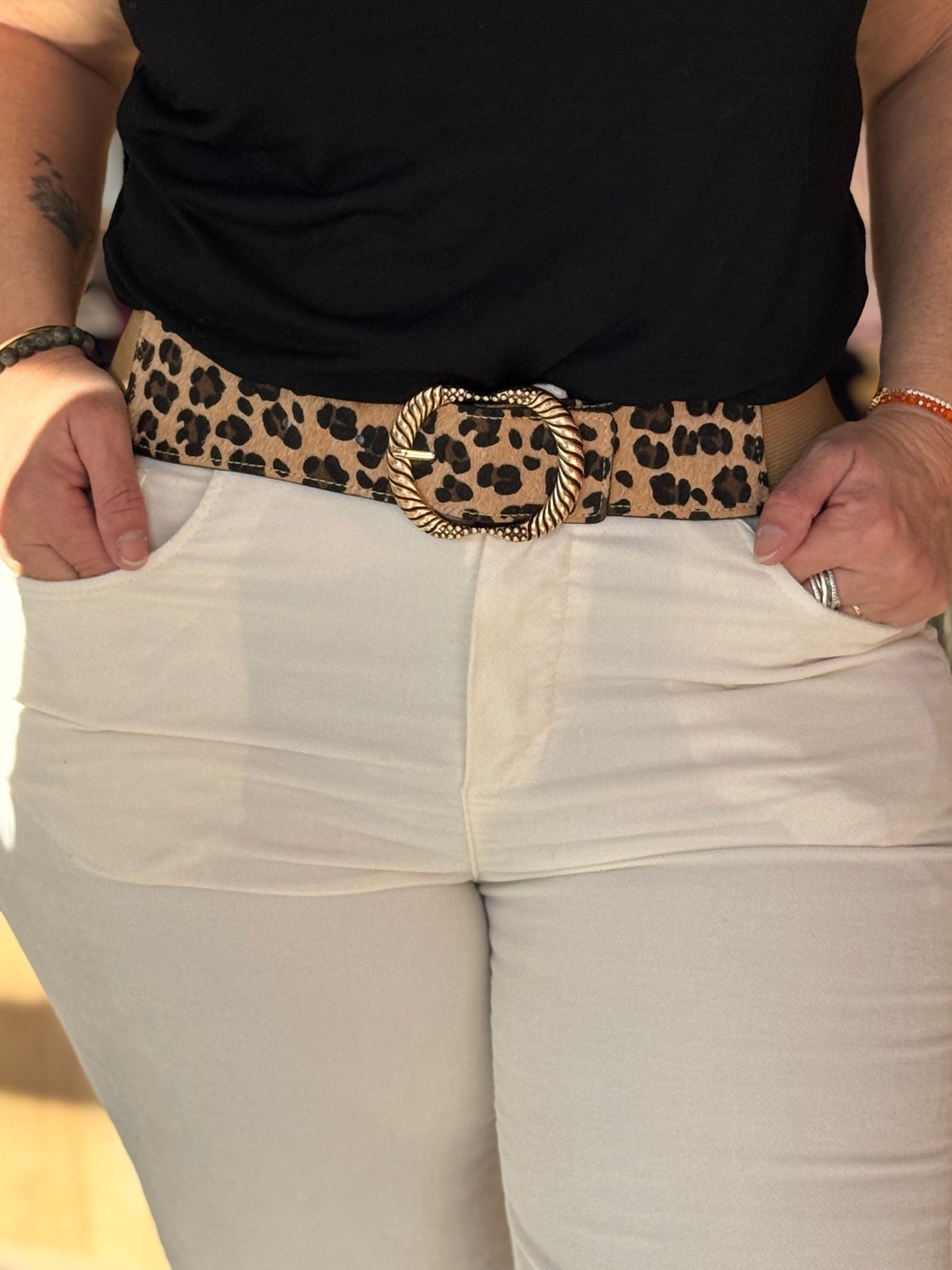 Ceinture léopard élastique à boucle dorée – Taille unique 34/46
