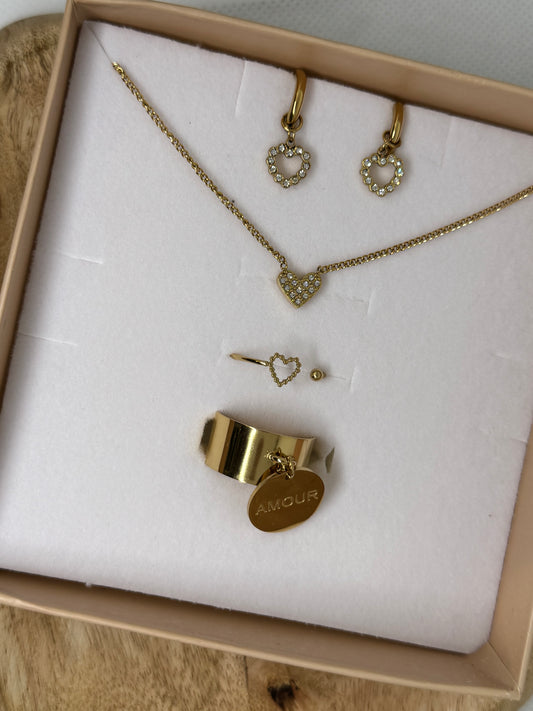 Coffret bijoux acier inoxydable cœur – créoles, collier pendentif, bagues amour
