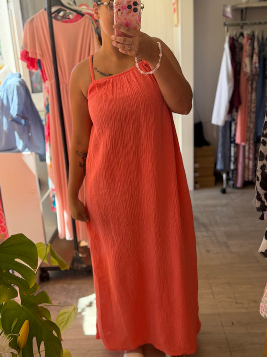 Robe maxi à fines bretelles en gaze de coton - Taille unique 36-46/48 (3 couleurs)