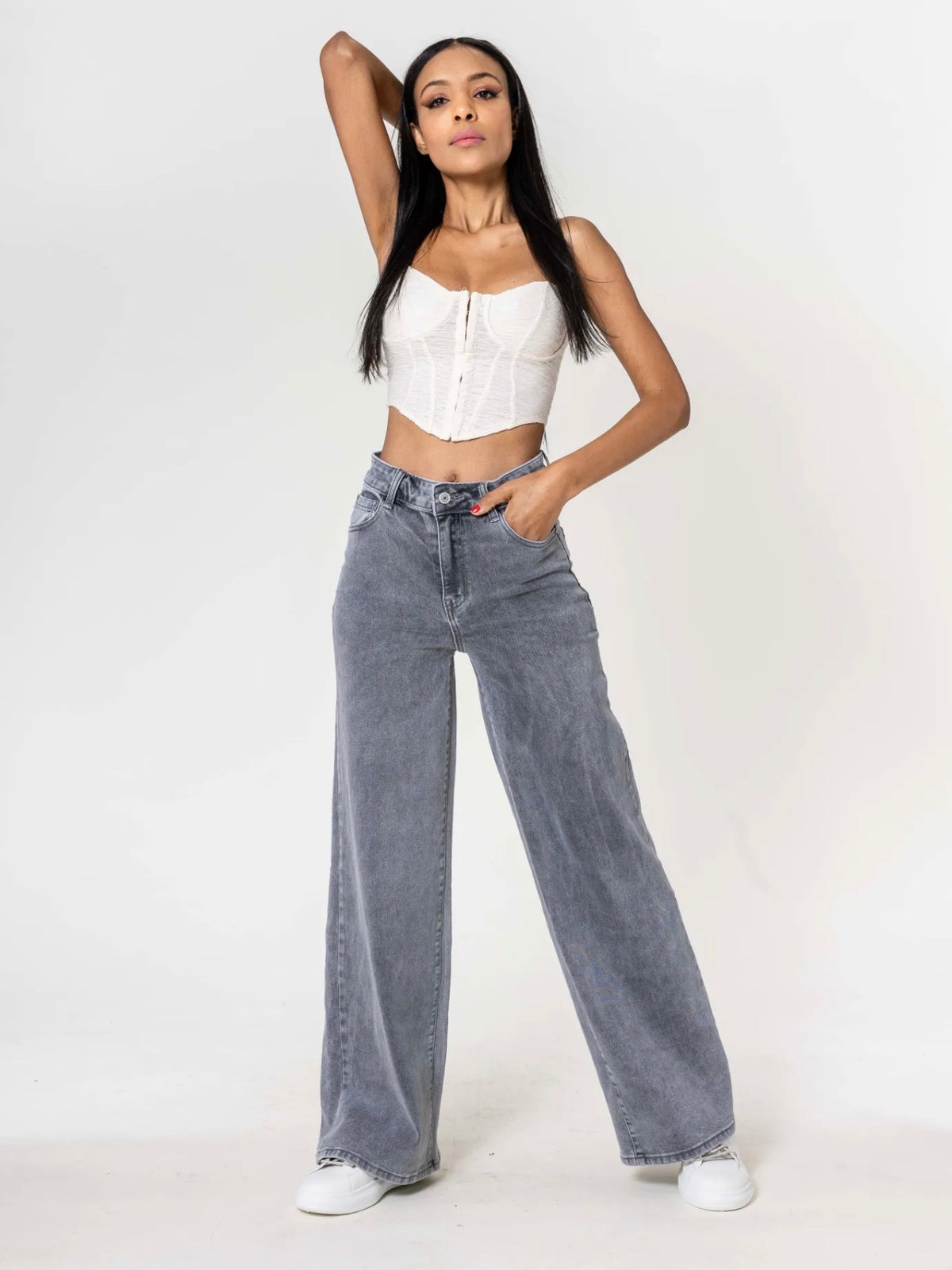 Jean Wide leg taille haute gris - Du 34 au 44 - Nina Carter