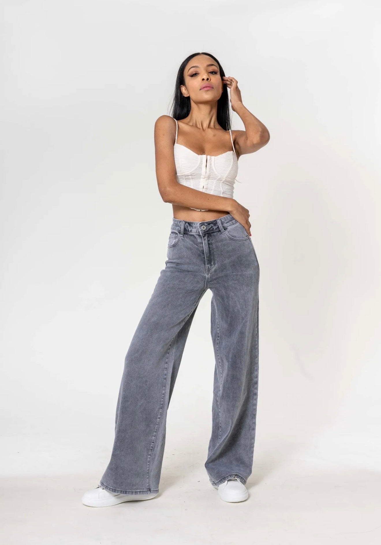 Jean Wide leg taille haute gris - Du 34 au 44 - Nina Carter