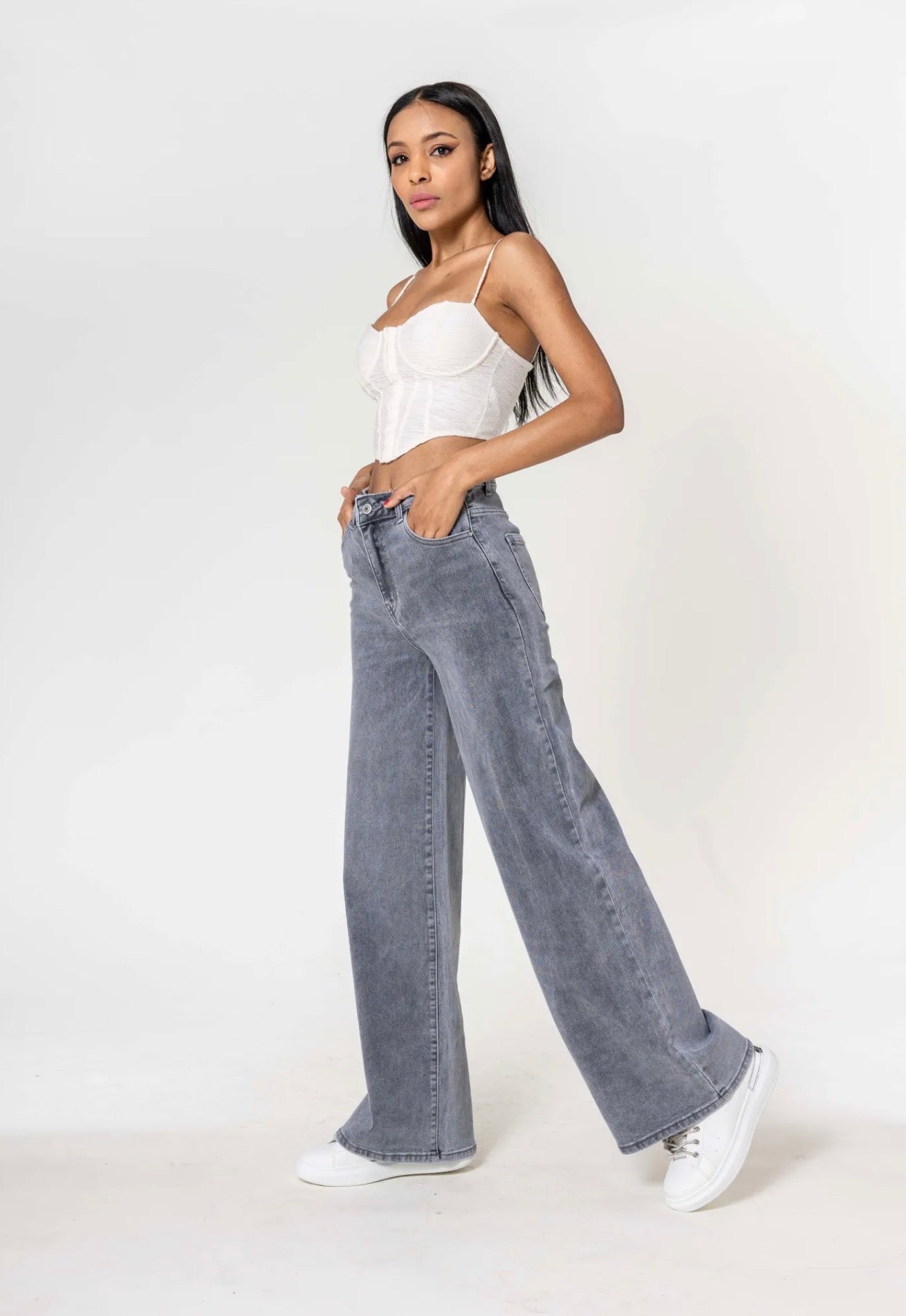 Jean Wide leg taille haute gris - Du 34 au 44 - Nina Carter
