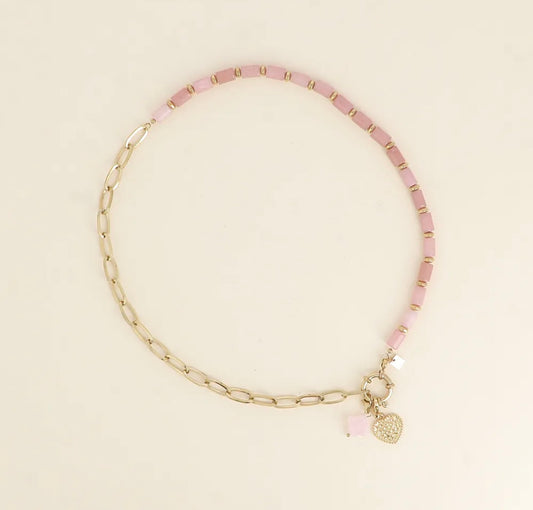 Collier maille ovale, pierres naturelles et 2 charms (2 couleurs)