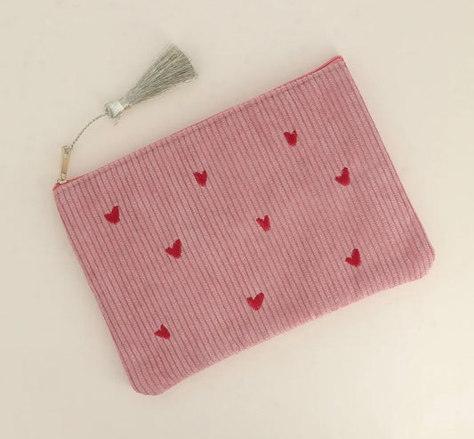 Trousse petits coeurs velours côtelé - 20 x 14 cm (4 couleurs)